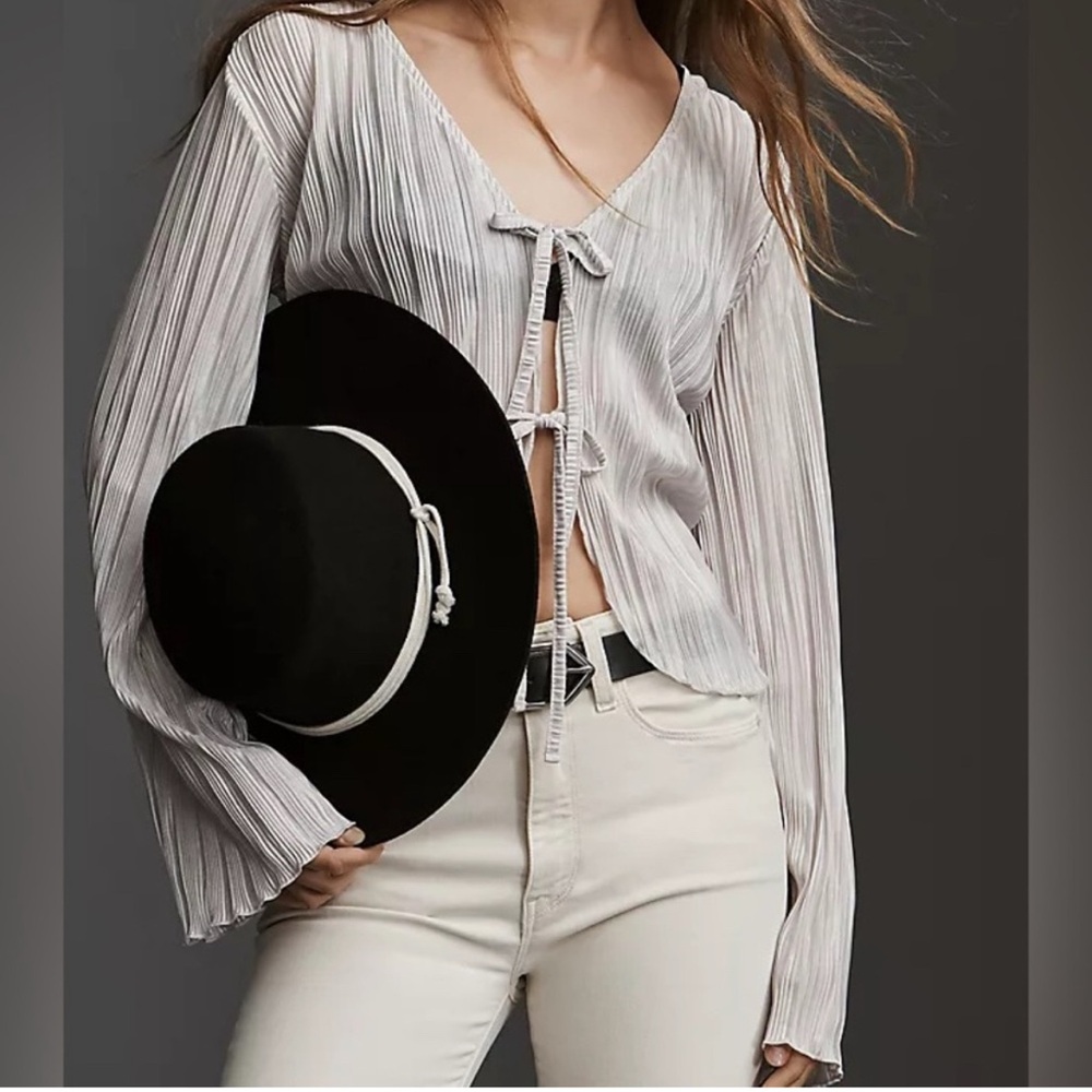 Anthropologie White Pleated Blouse with Ties